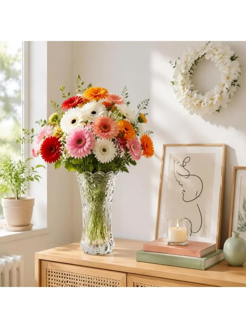 Set of 2 Large Clear Glass Flower Vases - Modern Cylinder Centerpieces for Home